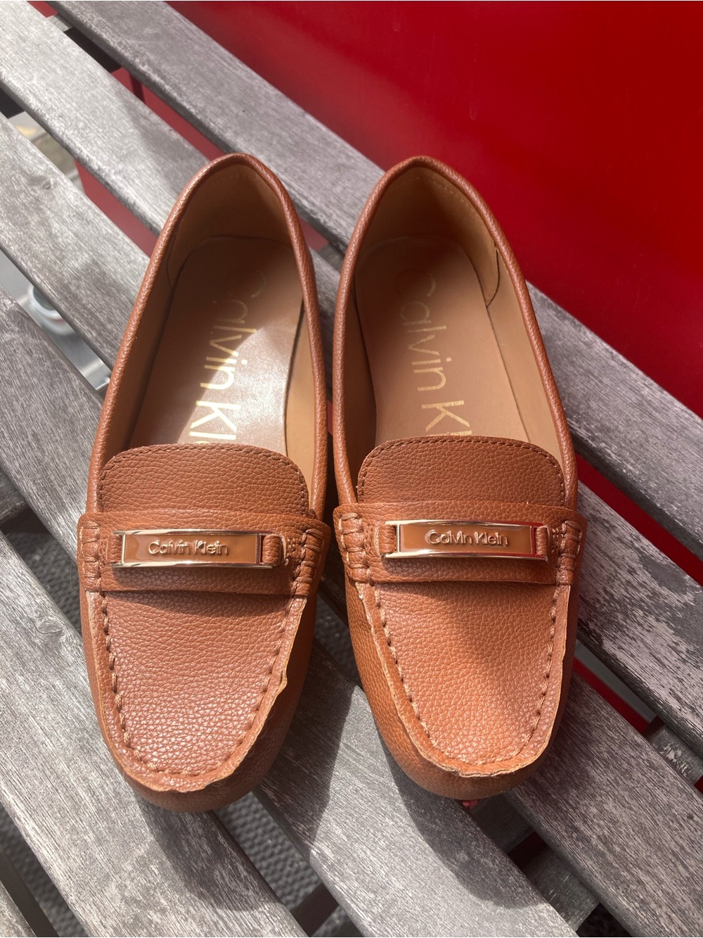 Calvin Klein Tan Leather Slip-On Loafers with Branded Metal Accent